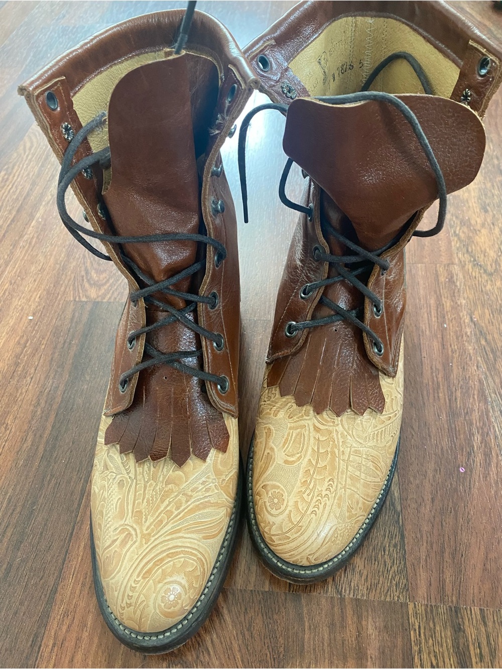 Vintage Justin Two-Tone Tooled Leather Lace-Up Boots